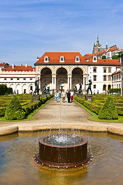 Wallenstein Palace and the castle garden, row of bronze statues, historic district, Prague, Czech Republic, Europe