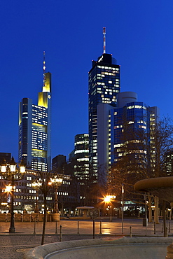 View towards the Commerzbank Tower, Hessische Landesbank Helaba and the City Group buildings, Frankfurt am Main, Hesse, Germany, Europe