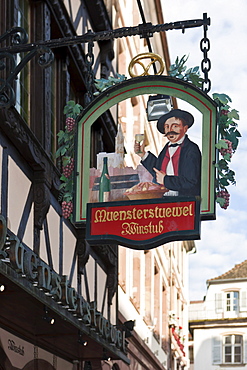 Hanging sign, Muensterstuewel restaurant and wine bar, Strasbourg, Alsace, France, Europe