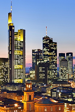 View of Frankfurt and its skyline, Commerzbank, Hessische Landesbank, Deutsche Bank, European Central Bank, Skyper building, Sparkasse, DZ Bank, Paulskirche church, Frankfurt, Hesse, Germany, Europe