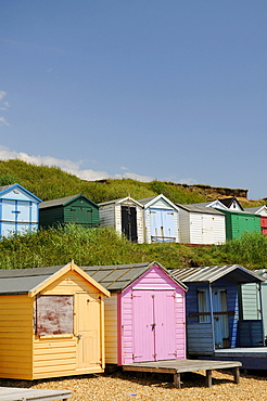 Beach huts on the beach of Milford on Sea, southern England, Great Britain, Europe