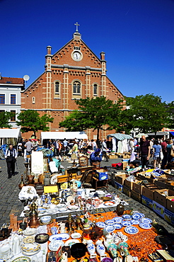 Flea market at the Place du Jeu de Balle or Vossenplein square, in front of Immaculee Conception church, Les Marolles, Marollen quarter, city centre, Brussels, Belgium, Benelux, Europe