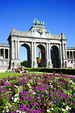 Arc de Triomphe, flowers in Jubelpark, Parc du Cinquantenaire, Brussels, Belgium, Benelux, Europe