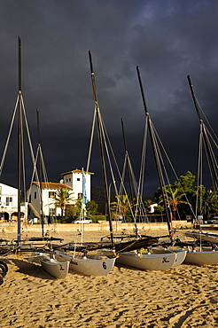 Catamaran sailing boats, beach with stormy sky, Puerto de Pollensa, Port de Pollenca, Mallorca, Majorca, Balearic Islands, Mediterranean Sea, Spain, Europe