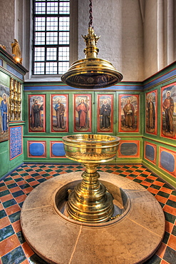 The baptismal font in Sct. Olai Domkirke cathedral, Helsingor, Elsinore, Denmark, Europe