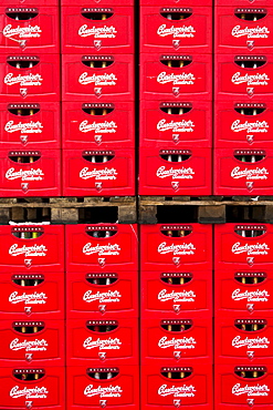 Beer crates of Budweiser beer at the Budweiser brewery in Ceske Budejovice, Budweis, Budvar, Bohemia, Czech Republic, Europe