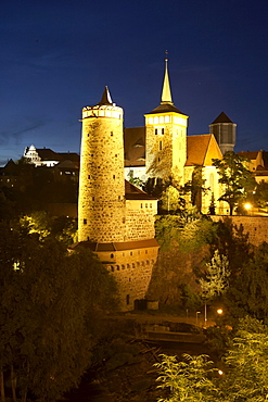 Old Waterworks and Michaeliskirche church, twilight, Bautzen, Saxony, Germany, Europe