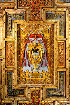 Coat of arms of Cardinal Gabrielli on the wooden coffered ceiling of the Basilica of San Sebastiano fuori le mura above the Catacombs of San Sebastiano, Via Appia Antica, Rome, Lazio, Italy, Europe