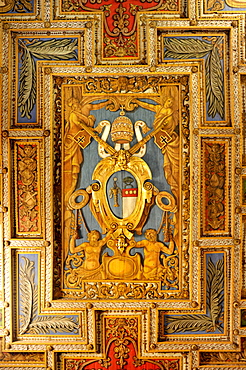 Coat of arms of Pope Gregory XVI. on the wooden coffered ceiling of the Basilica of San Sebastiano fuori le mura above the Catacombs of San Sebastiano, Via Appia Antica, Rome, Lazio, Italy, Europee