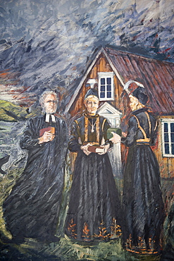 Modern wall painting or mural in a church, priest and women dressed in black, Flatey, Iceland, Scandinavia, Northern Europe, Europe