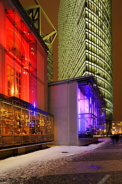 Installation of a Baroque facade in the Sony Center with Bahntower skyscraper, Potsdamer Platz, Berlin, Germany, Europe