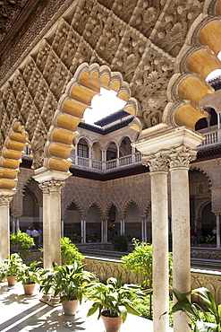 Moorish ornamentation on the Patio de las Doncellas in the Moorish King's Palace of Real Alcazar, UNESCO World Heritage Site, Seville, Andalusia, Spain, Europe