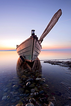 Evening with fishing boat on Reichenau island, Baden-Wuerttemberg, Germany, Europe