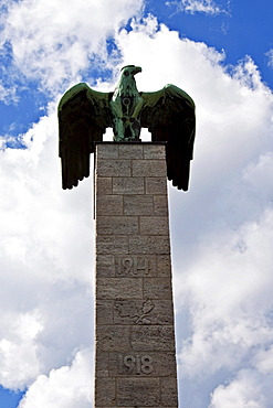 Siemens memorial, bronze eagle with stele to commemorate the fallen employees of Siemens in the First and Second World War, outside the Siemens building, Berlin, Germany, Europe