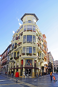 Corner house, facade, historic building, pedestrian zone, shopping street, Leon, province of Castilla y Leon, Castile and Leon, Spain, Europe