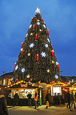 Christmas tree, market stands, Christmas market, Dortmund, Ruhr area, North Rhine-Westphalia, Germany, Europe