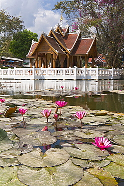 Thai temple Wat Nam Hoo, surrounded by water with lotus flowers near Pai, Thailand, Asia