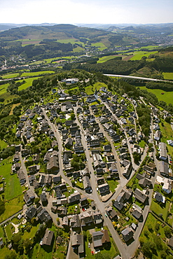 Aerial view, Eversberg village near Meschede, half-timbered houses, Hochsauerlandkreis district, North Rhine-Westphalia, Germany, Europe