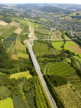 Aerial view, extension of the A46 motorway, highway expansion, end of the motorway, A445 motorway near Bestwig, Meschede, North Rhine-Westphalia, Germany, Europe