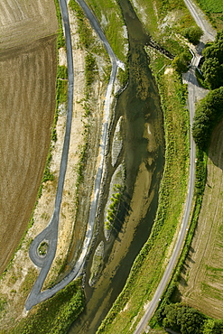 Aerial view, Seseke, tributary of the lip, SesekeKunst, landscape in the river, Thomas Stricker, river bed, artificial island, Luenen, Ruhrgebiet region, North Rhine-Westphalia, Germany, Europe