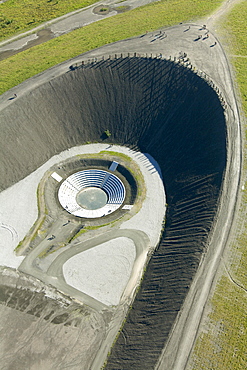 Aerial view, tailings dam, waste dump, landscape construction with an amphitheater, Halde Haniel at Bergwerk Prosper-Haniel colliery, shaft 1 2 Bottrop, Ruhr Area, North Rhine-Westphalia, Germany, Europe