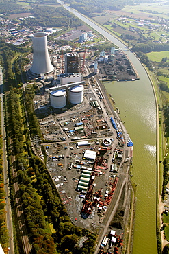 Aerial view, Trianel coal-fired power plant under construction, port, Luenen, Ruhrgebiet region, North Rhine-Westphalia, Germany, Europe