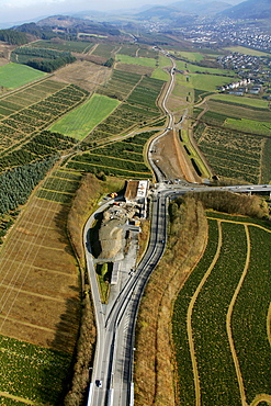 Aerial view, Meschede, Bestwig, Olsberg, extension of the A445 highway, Hochsauerlandkreis district, Sauerland area, North Rhine-Westphalia, Germany, Europe