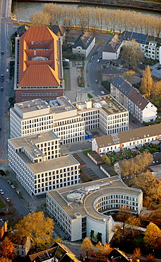 Aerial view, Tausendfensterhaus or 1000-window house, architect Henry Blecken from 1923, historic office building, Ruhrort, Duisburg, Ruhrgebiet region, North Rhine-Westphalia, Germany, Europe