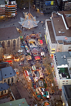 Aerial view, Christmas market, Reinoldikirche church, Hansaplatz, Dortmund, Ruhrgebiet region, North Rhine-Westphalia, Germany, Europe