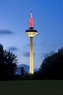 Evening mood, illuminated Europaturm tower, unofficially known as Ginnheim Asparagus, Frankfurt am Main, Hesse, Germany, Europe