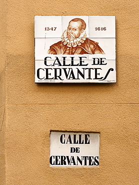 Calle de Cervantes, road sign, historic town centre, Madrid, Spain, Europe