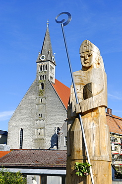 Saint Rupert, sculpture by F. Koller, 2010, in front of the Stiftskirche Zu Unserer Lieben Frau convent church of Our Lady, Laufen, Upper Bavaria, Bavaria, Germany, Europe