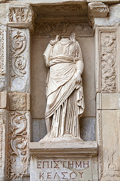 Statue in front of the Celsus Library, Ephesus, Selcuk, Lycia, Turkey, Asia