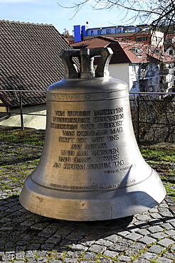 Prayer bell at the Alexanderkirche church with an inscription by Dietrich Bonhoeffer, Marbach am Neckar, Baden-Wuerttemberg, Germany, Europe