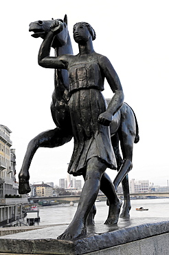 Bronze sculpture, horse being led, Basel, Switzerland, Europe