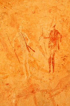 Neolithic rock art, painting of warriors, hunters with bow and arrow, Tasset Plateau, Tassili n'Ajjer National Park, Unesco World Heritage Site, Wilaya Illizi, Algeria, Sahara, North Africa