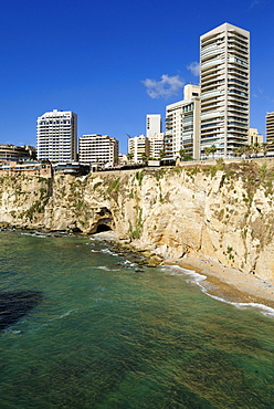 Multistorey apartment buildings near Rawsheh or Pigeon Rocks, Beirut, Beyrouth, Lebanon, Middle East, West Asia