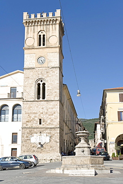 Torre Municipale, Civic Tower, year 1580, and "Fontana Pubblica", public fountain, Piazza del Popolo, Cittaducale, province of Rieti, Latium, Italy, Europe