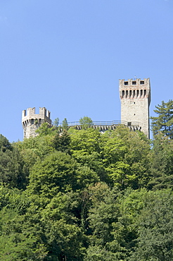 The remaining two of the three towers of the fortress of Arquata del Tronto, province of Ascoli Piceno, Marches, Italy, Europe