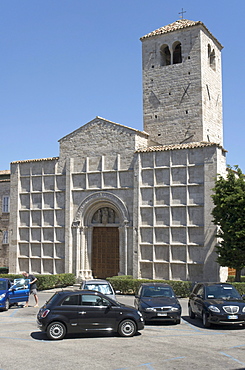 Church Santi Vincenzo e Anastasio, facade with 64 squares which were frescoed once, Piazza Ventidio Basso, Ascoli Piceno, Marches, Italy, Europe