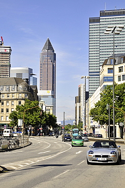 Street scene on the Duesseldorfer Strasse at the main station, behind the Messeturm exhibition tower, Frankfurt, Hesse, Germany, Europe