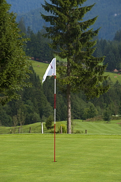 Flag to indicate the hole on the green, golf course, Tyrol, Austria, Europe