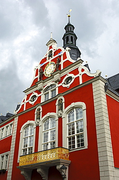 Facade and gable ornaments of the Renaissance town hall in Arnstadt, Thuringia, Germany, Europe