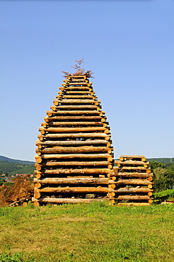 Pyre built for a fire at a village festival, Soultzmatt, Alsace, France, Europe