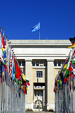 Flags from all over the world, courtyard with flags, United Nations, UN, Palais des Nations, Geneva, Switzerland, Europe