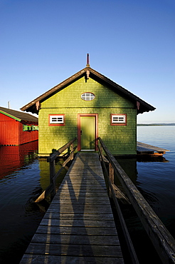 Boat sheds near Schondorf, Ammersee lake, Fuenf-Seen-Land region, Upper Bavaria, Bavaria, Germany, Europe