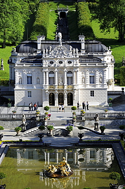 Schloss Linderhof, castle of King Ludwig II, Graswangtal, Ammergau Alps, Oberammergau, Upper Bavaria, Bavaria, Germany, Europe