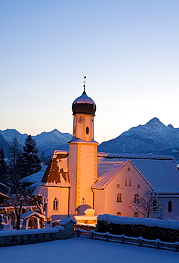 Wintry, snow-covered church near Wallgau, Upper Bavaria, Bavaria, Germany, Europe