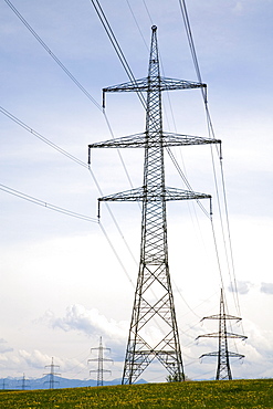 Electricity pylons, power poles, Paehl, Upper Bavaria, Bavaria, Germany, Europe