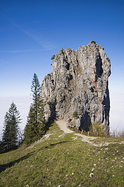 Limestone rock on the panoramic trail to the Kampenwand peak, Upper Bavaria, Bavaria, Germany, Europe